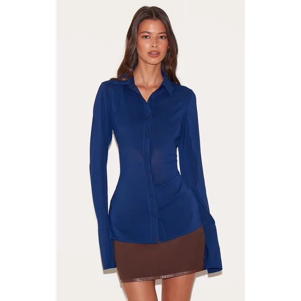 Navy Chiffon Fitted Shirt