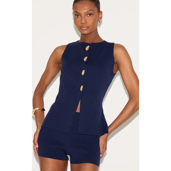 Navy Compact Knit Button through Vest