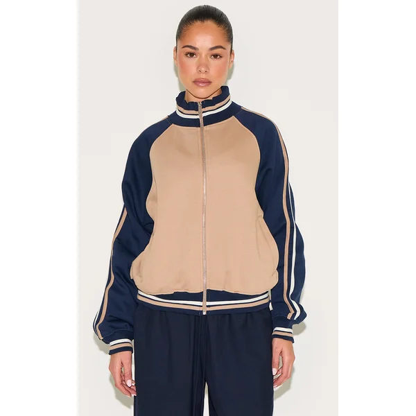 Navy Contrast Panel Detail Zip Up Sweatshirt