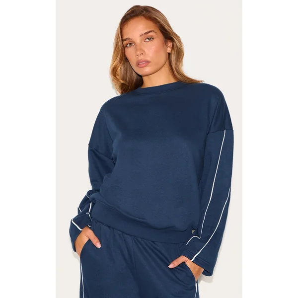 Navy Contrast Piping Detail Sweatshirt