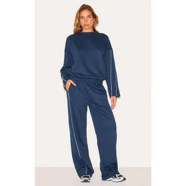Navy Contrast Piping Detail Wide Leg Sweatpants