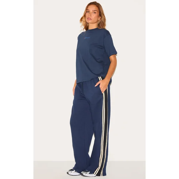 Navy Contrast Stripe Detail Wide Leg Sweatpants
