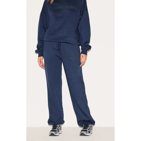 Navy Copenhagen Embroidered Wide Leg Cuffed Sweatpants