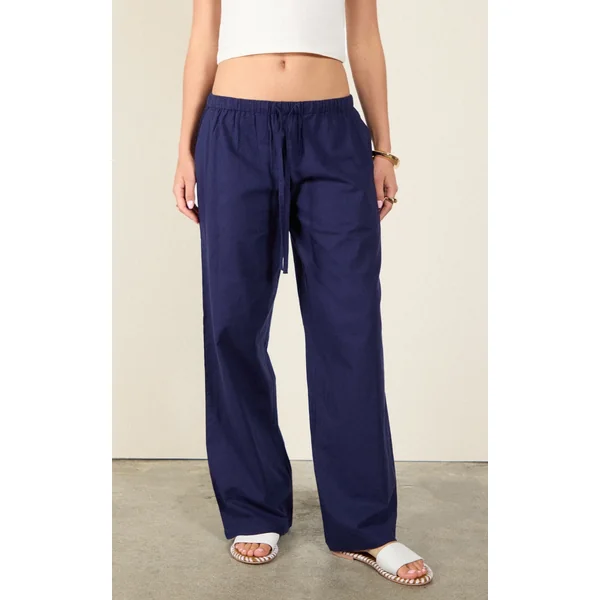 Navy Cotton Linen Look Drawstring Waist Pants