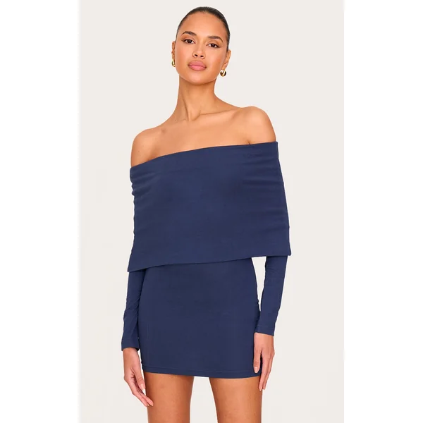 Navy Cotton Super Oversized Bardot Mini Dress