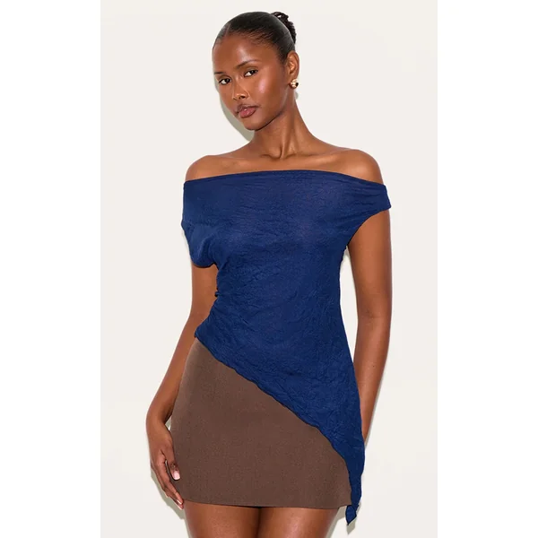 Navy Crinkle Mesh Asymmetric Neck Top