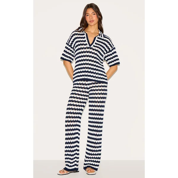 Navy Crochet Stripe Knit Pants