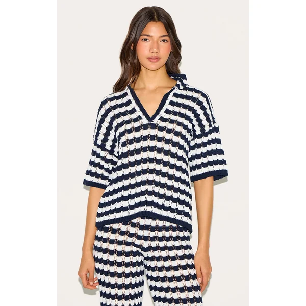 Navy Crochet Stripe Rugby Knit Top