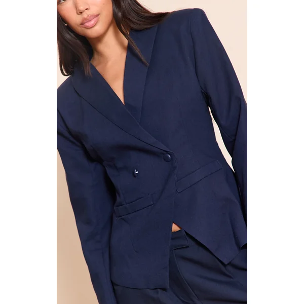 Navy Double Breasted Pointed Hem Blazer