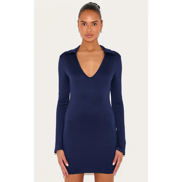 Navy Double Contour Collar Detail Long Sleeve Bodycon Dress
