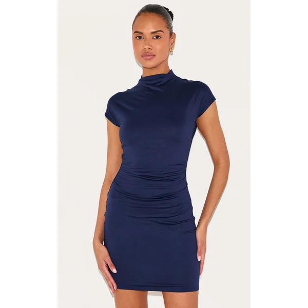 Navy Double Contour Ruched Detail Cap Sleeve Bodycon Dress