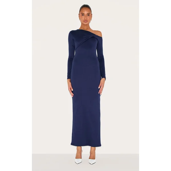 Navy Double Contour Twist Detail Long Sleeve Maxi Dress