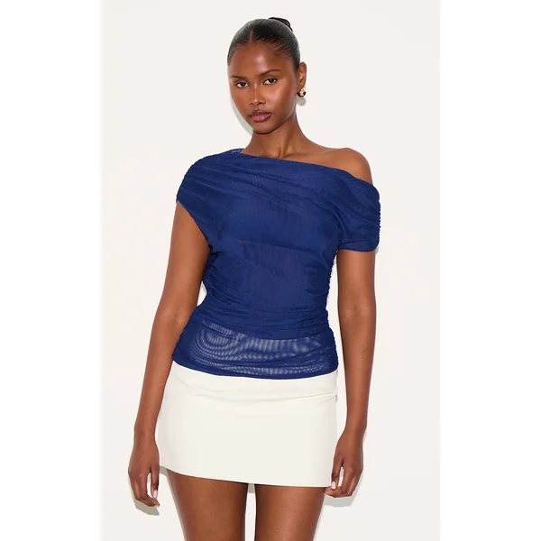 Navy Double Layer Mesh Ruched Detail Asymmetric Top