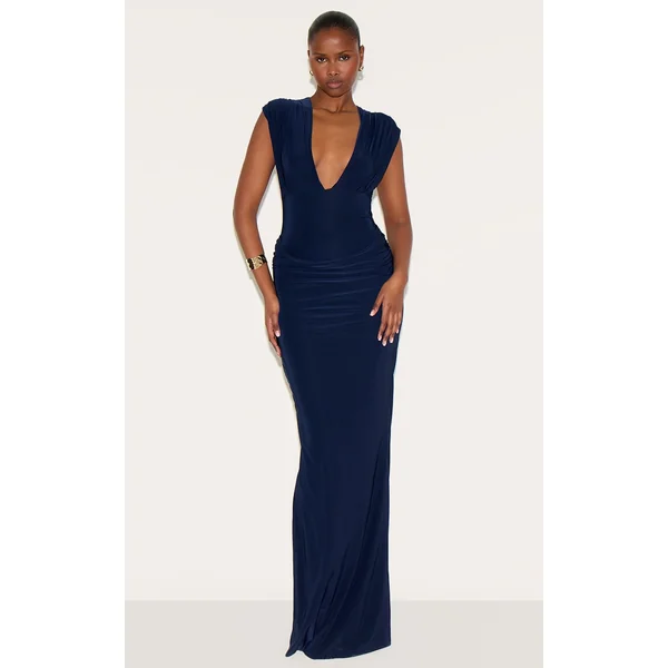 Navy Double Layer Plunge Ruched Shoulder Drape Waist Maxi Dress