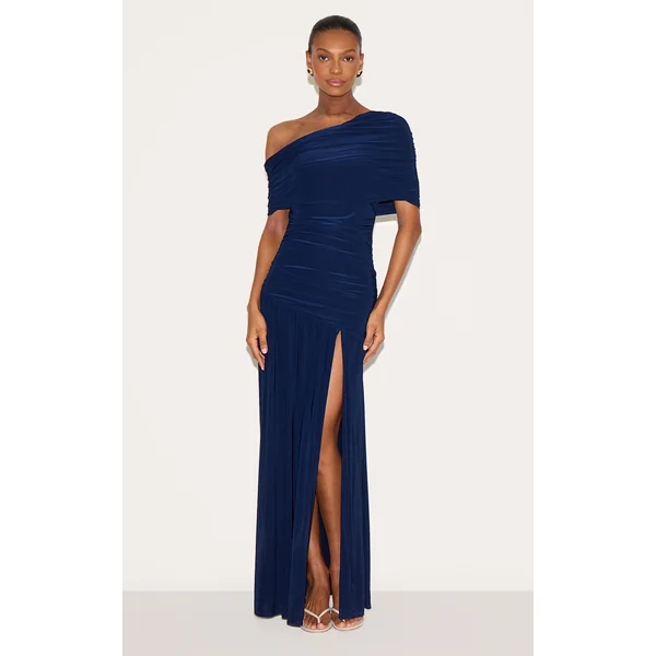 Navy Double Layer Slinky Bardot One Shoulder Ruched Maxi Dress