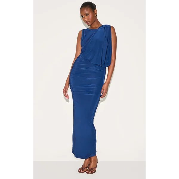 Navy Double Layer Slinky Drape Ruched Maxi Dress