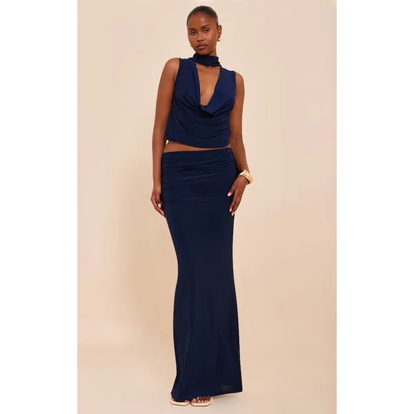 Navy Double Layer Slinky Ruched Waist Maxi Skirt