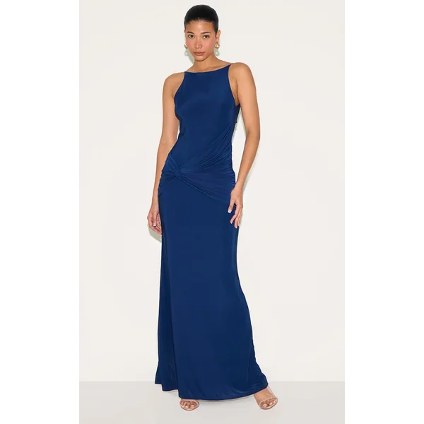 Navy Double Layer Slinky Twited Front Halter Neck Maxi Dress