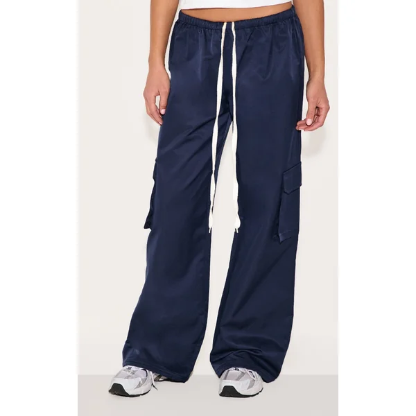 Navy Drawstring Cargo Pocket Detail Straight Leg Pants