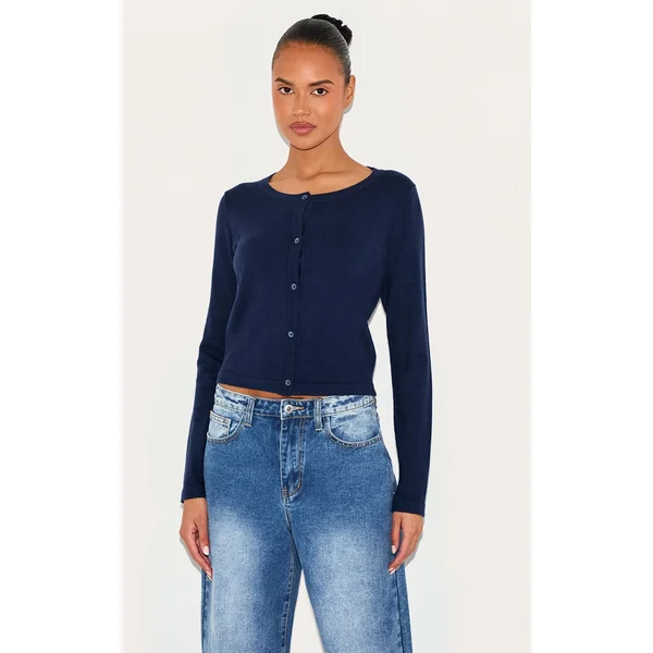 Navy Fine Knit Button Up Cardigan