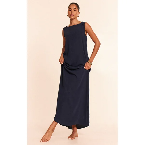 Navy Floaty Woven Boat Neck Maxi Beach Dress