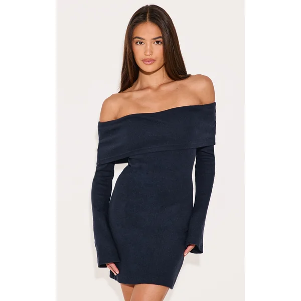 Navy Fold Over Bardot Mini Dress
