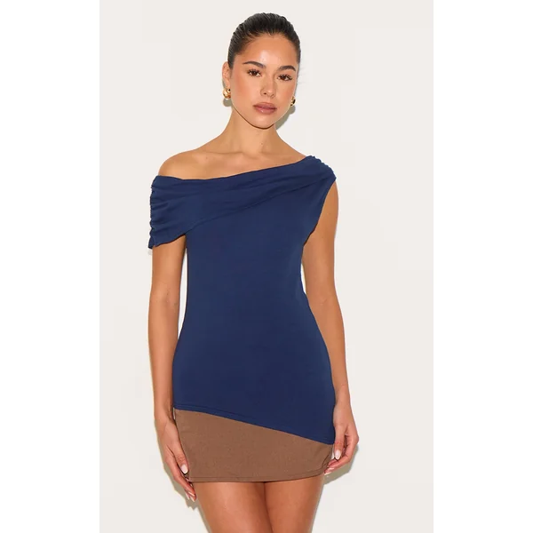 Navy Fold Over Cotton Asymmetric Hem Long Top