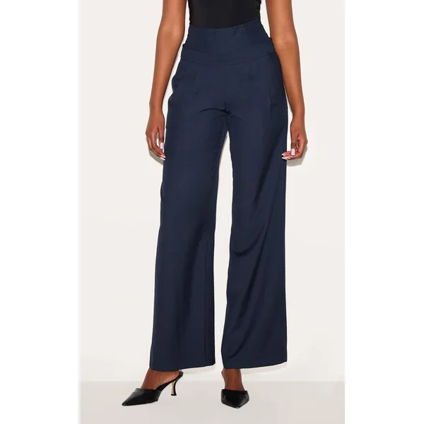 Navy High Waisted Corset Detail Tailored Pants