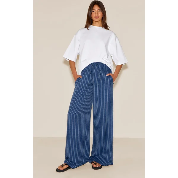 Navy Lightweight Woven Pinstripe Drawstring Pants
