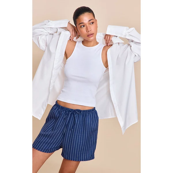 Navy Lightweight Woven Pinstripe Drawstring Shorts