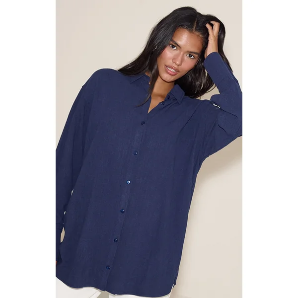 Navy Linen Look Boxy Oversized Shirt