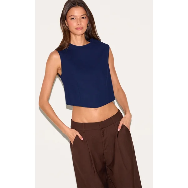 Navy Linen Look Boxy Pointed Hem Top