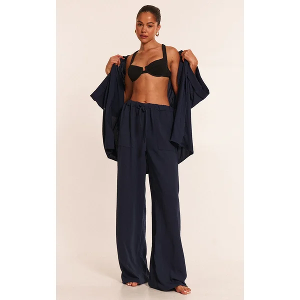Navy Linen Look Drawstring Beach Pants