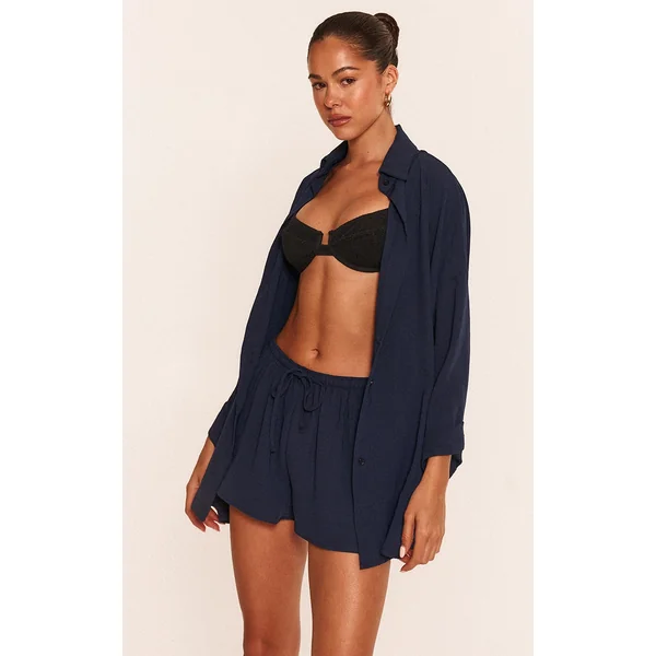 Navy Linen Look Drawstring Beach Shorts