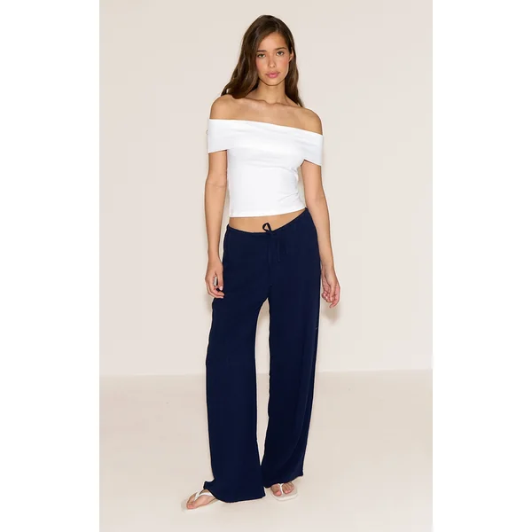 Navy Linen Look Floaty Drawstring Pants