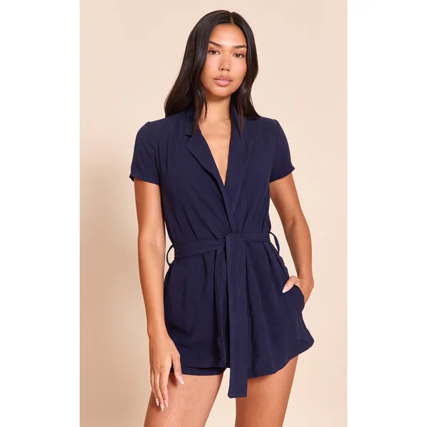 Navy Linen Look Wrap Skort Romper
