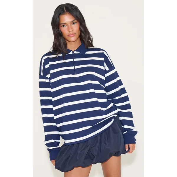 Navy Loopback Sweat Stripe Quarter Zip Sweatshirt
