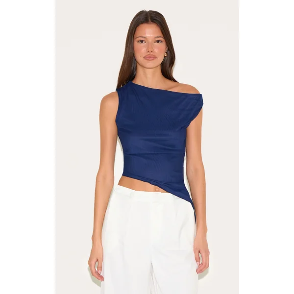 Navy Mesh Asymmetric Neck Top