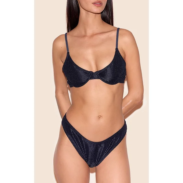 Navy Metallic Crinkle High Leg Bikini Bottoms