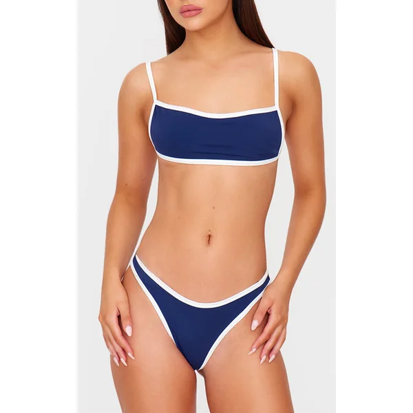 Navy Micro Contrast High Leg Bikini Bottoms