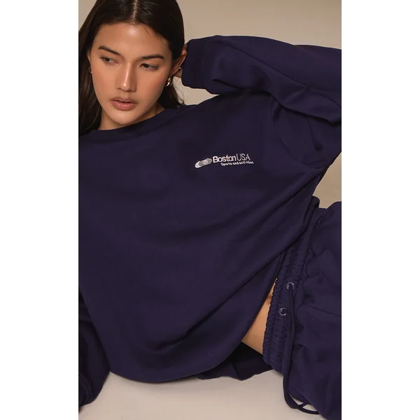Navy Oversized Boston Usa Embroidered Sweatshirt