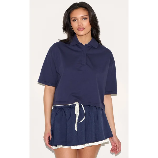 Navy Oversized Short Sleeve Polo Top