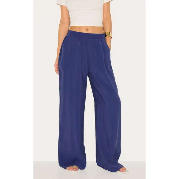 Navy Peach Woven Elasticated Waist Straight Leg Pants