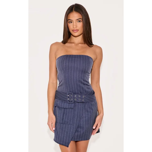 Navy Pinstripe Bandeau Belted Pocket Detail Shift Dress