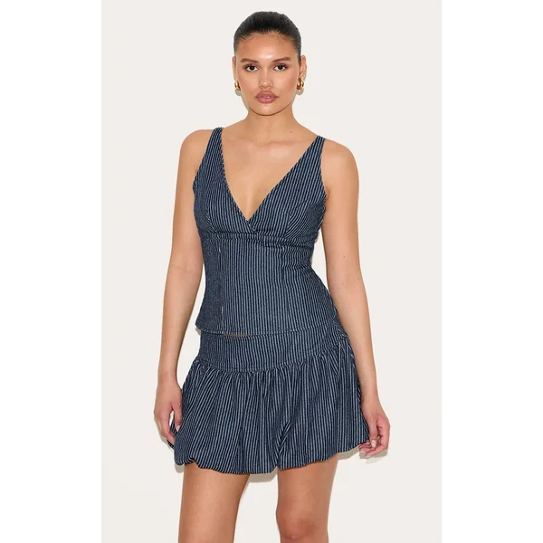 Navy Pinstripe Denim Puffball Mini Skirt