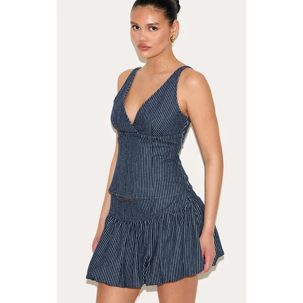 Navy Pinstripe Plunge Denim Top