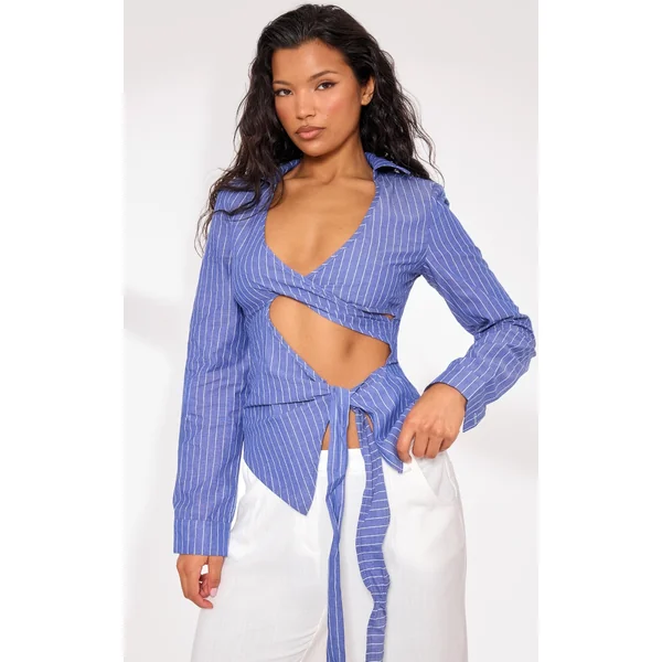 Navy Pinstripe Tie Front Cut Out Shirt