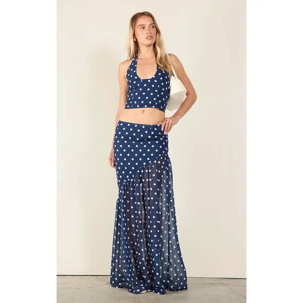 Navy Polka Dot Asymmetric Maxi Skirt