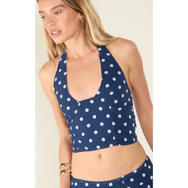 Navy Polka Dot Halterneck Chiffon Top