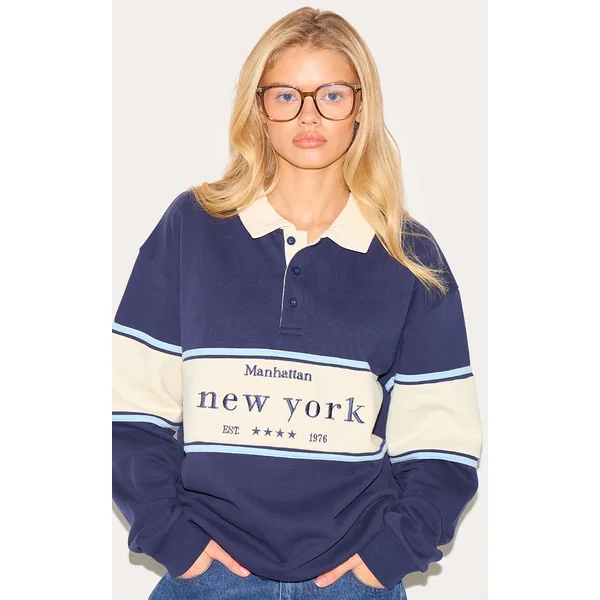 Navy Premium Contrast Collar New York Embroidered Sweatshirt
